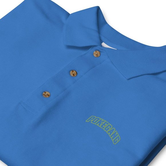 PokeGang Men's Blue Short Sleeve Button Up Green Logo Sport Polo Shirt Size S - Picture 2 of 2